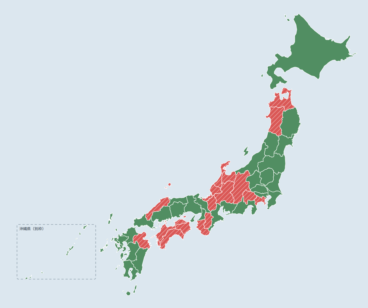 赤色で現在のポスティングスタッフ募集エリアを示した日本地図